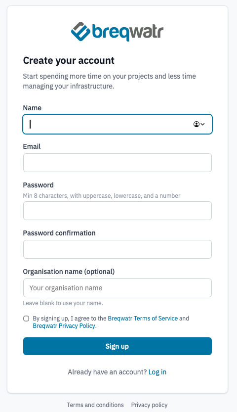 Sign-up page Crete your account.