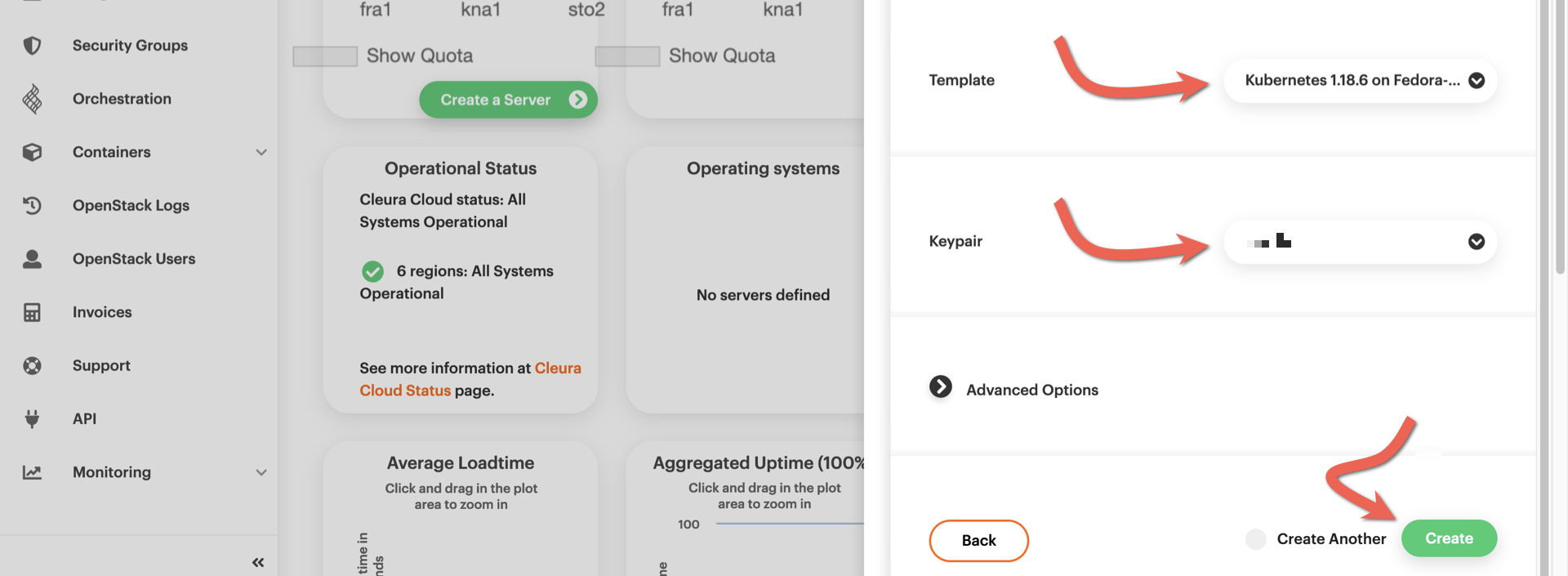 Select template and keypair